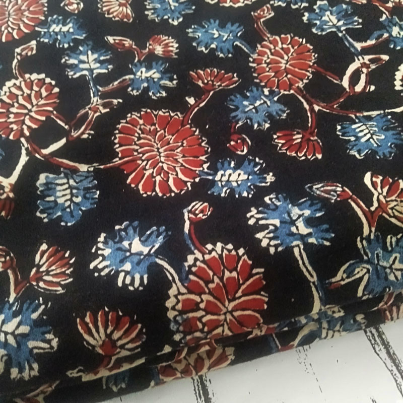 Jaipur Village Craft  Black Floral Block Print Pure Cotton Fabric, Dark  Black handblock Print Fabric Per Meter