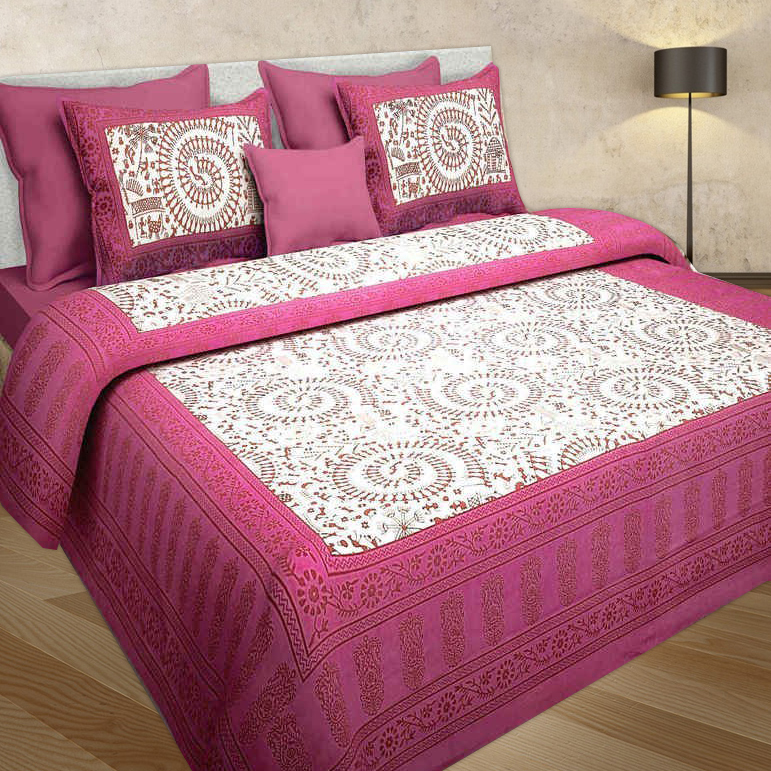 Pink And White Prints 100% Cotton Double Bed Sheet With 2 Pillow Covers