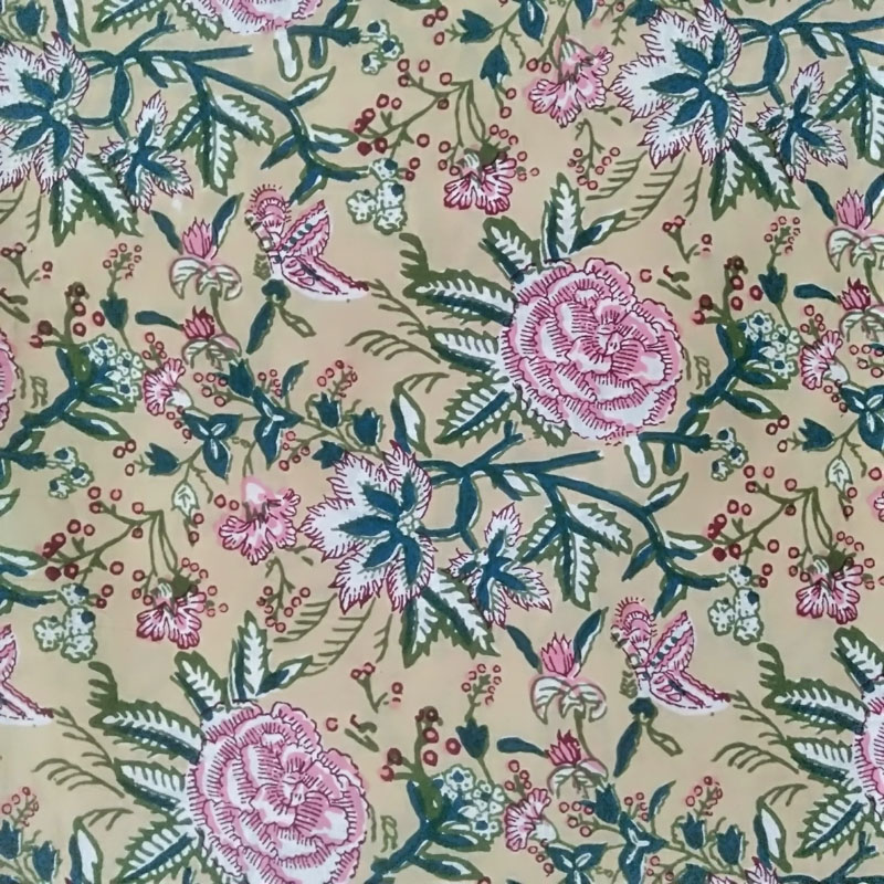 Jaipur Village Craft | Beige Border Floral Block Print Cotton Fabric